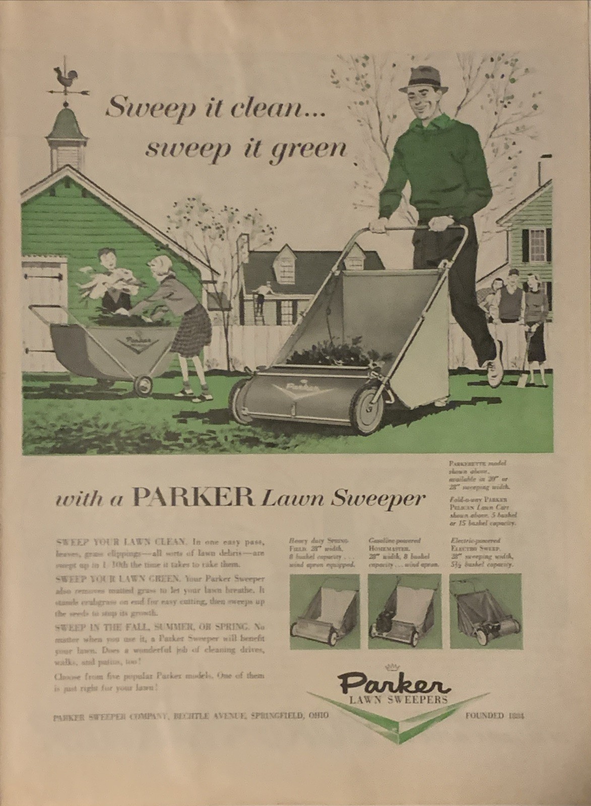 1956 Parker Lawn Sweeper PRINT AD Clean Yard Clippings VTG 50s Springfield Ohio