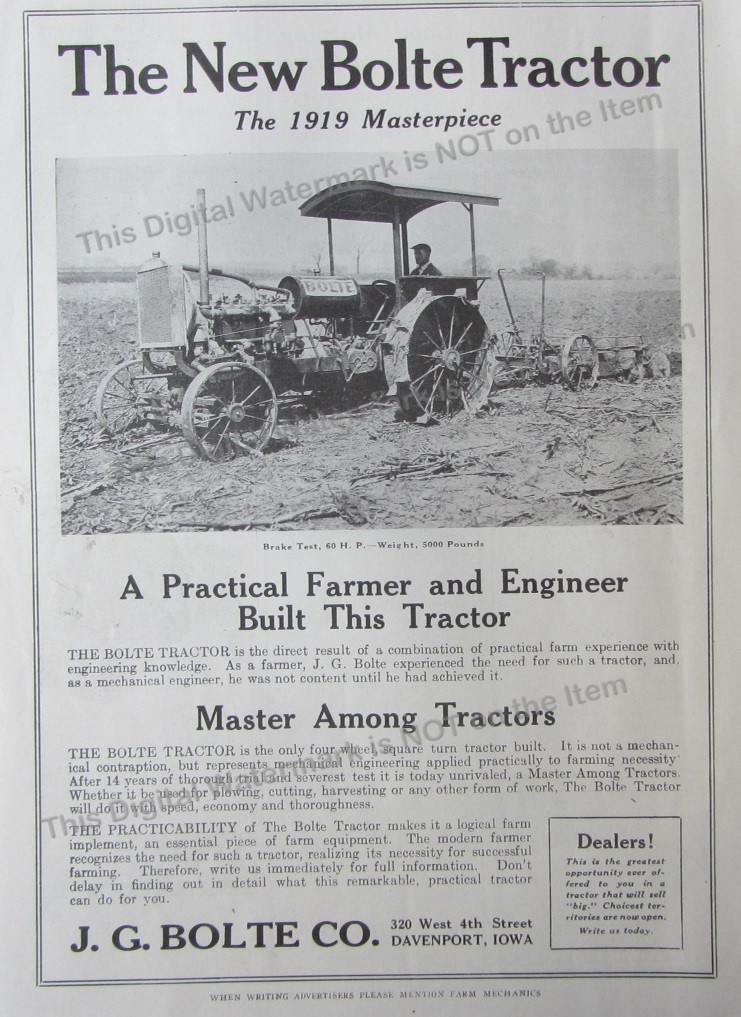 1919 Ad* The New Bolte Tractor The 1919 Masterpiece J.G. Bolte Co Davenport Iowa