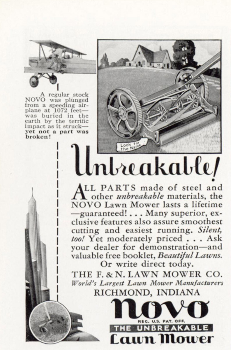 1932 Novo Lawn Mower: Unbreakable Vintage Print Ad