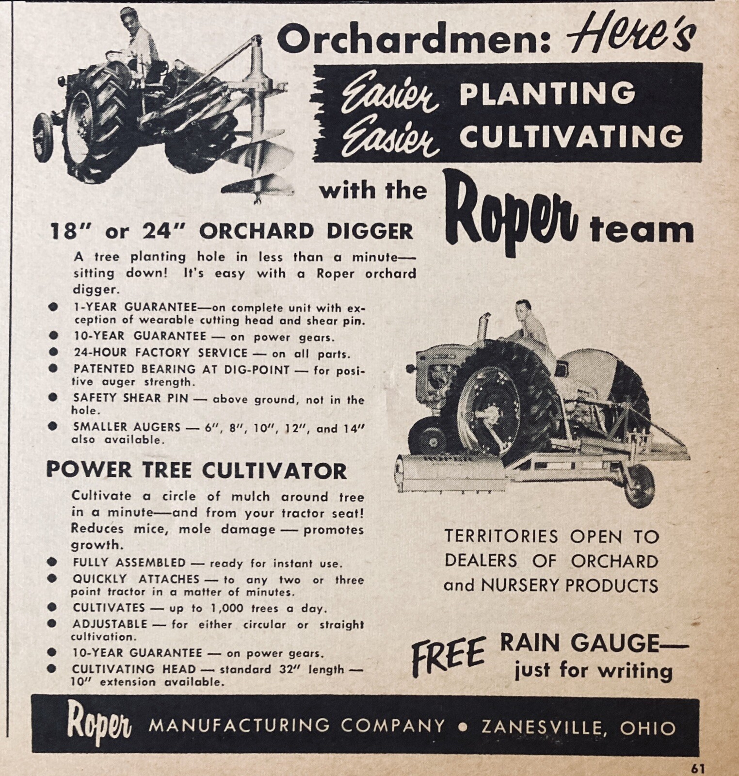 1957 AD.(XF17)~ROPER MFG. CO. ZANESVILLE, OHIO. ORCHARD DIGGER & TREE CULTIVATOR