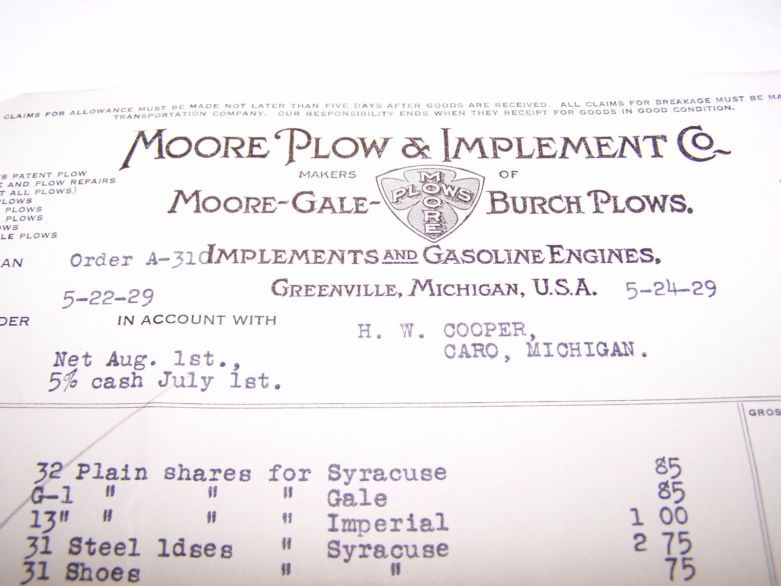 Original MOORE PLOW COMPANY Billhead Drill Cultivator Hit Miss Gas Engine MI WOW