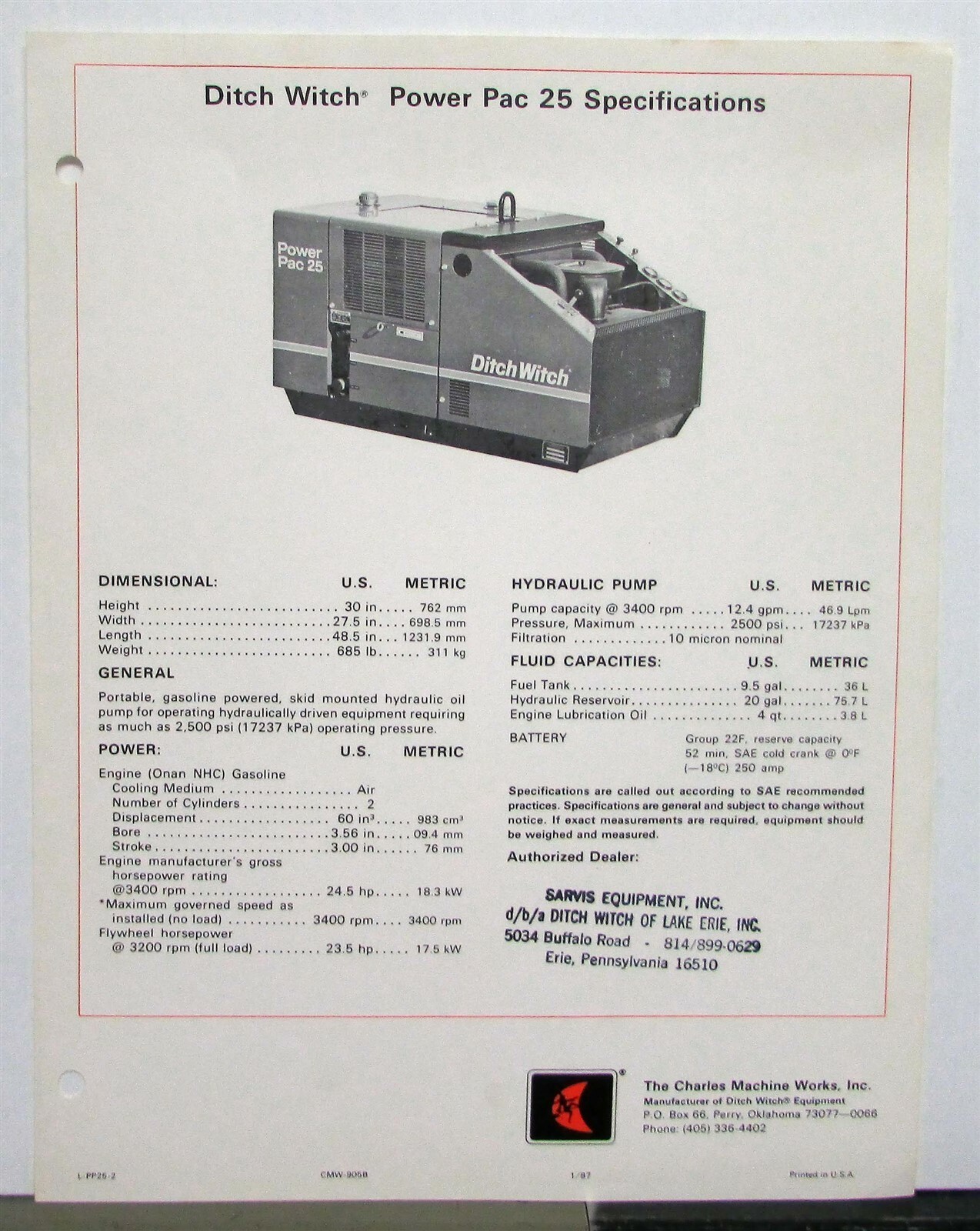 1987 Ditch Witch Power Pac 25 Specifications Construction Sale Data Sheet