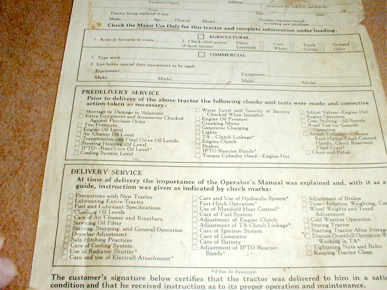 Farmall 450 + 450 Hi-Clear Tractor Blank Delivery Report Dealer&rsquo;s Copy