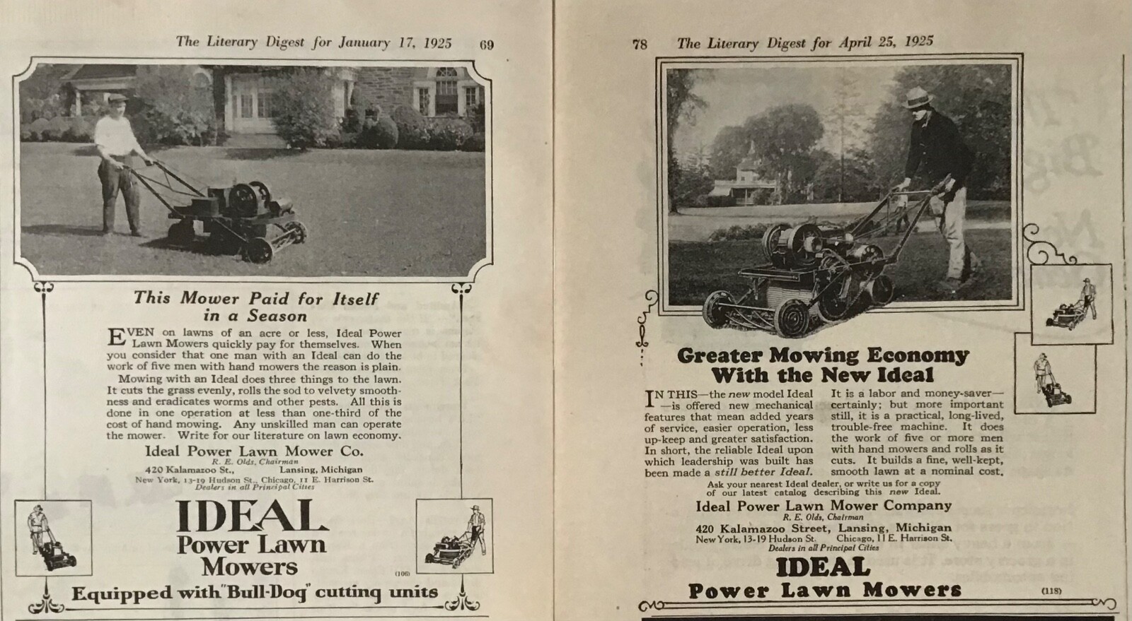 2 1925 magazine ads for Ideal Power Lawn Mowers – with « Bull dog » cutting units