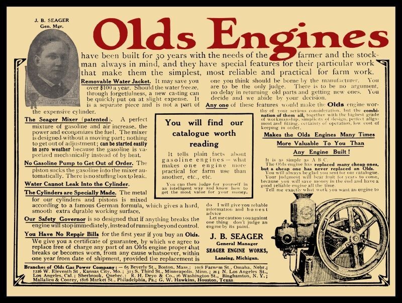 Seager Engine Works of Lansing, Michigan NEW Metal Sign: The Olds Engine