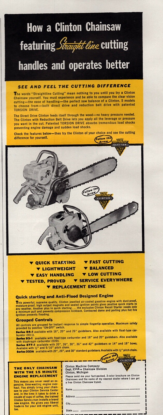 1957 Clinton Model D4-1 & 377 -1 Chainsaw Original Print Ad