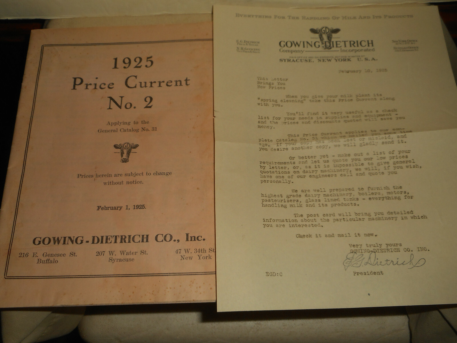 1925 GOWING DIETRICH Co. NY Dairy Farm Ice Cream Equipment Catalog & Letterhead