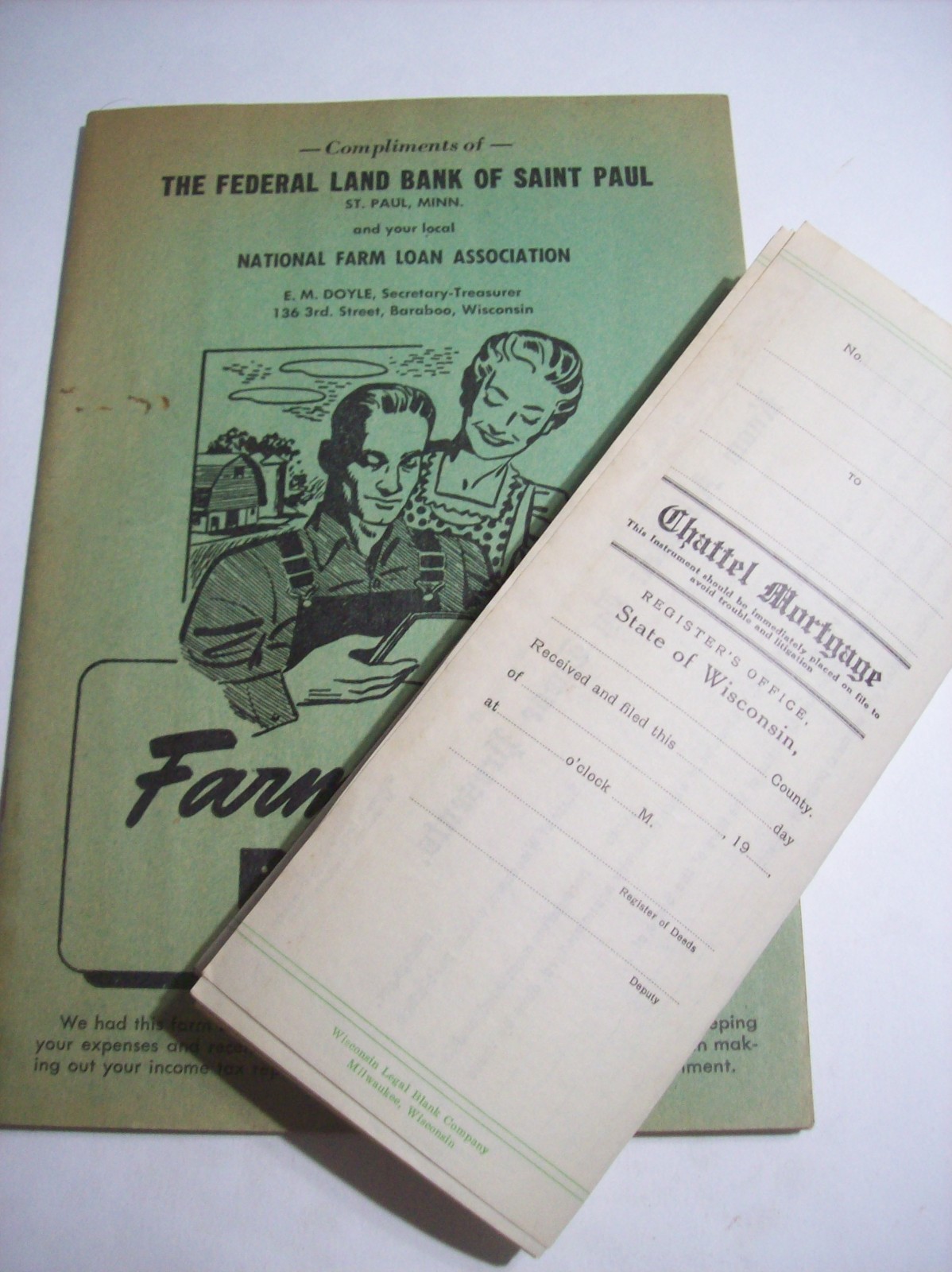 1948 FARM RECORD BOOK, NATIONAL FARM LOAN ASSOCIATION, BARABOO WIS. and MORTGAGE