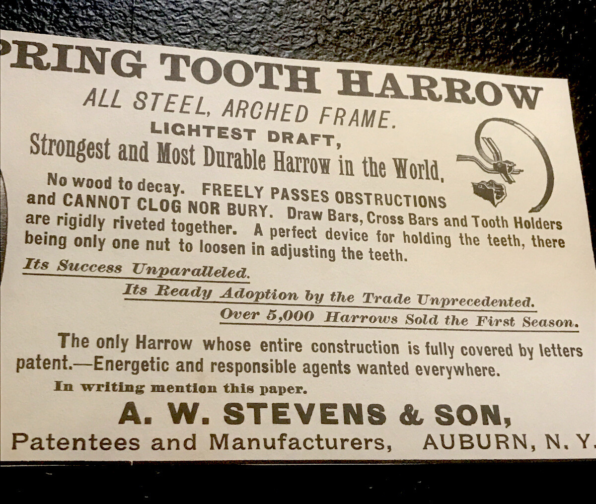 1889 A.W. Stevens & Son Harrow Implement Farm Advertising – Auburn – New York