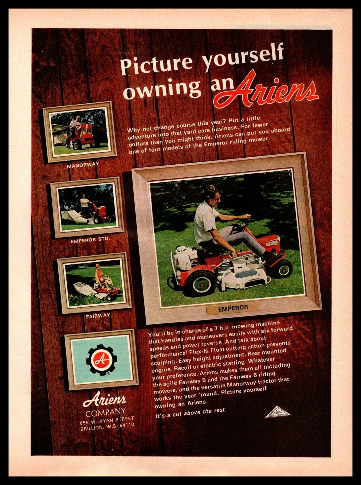 1969 Ariens Brillion Wisconsin « Emperor » Riding Lawn Mower Tractor Print Ad