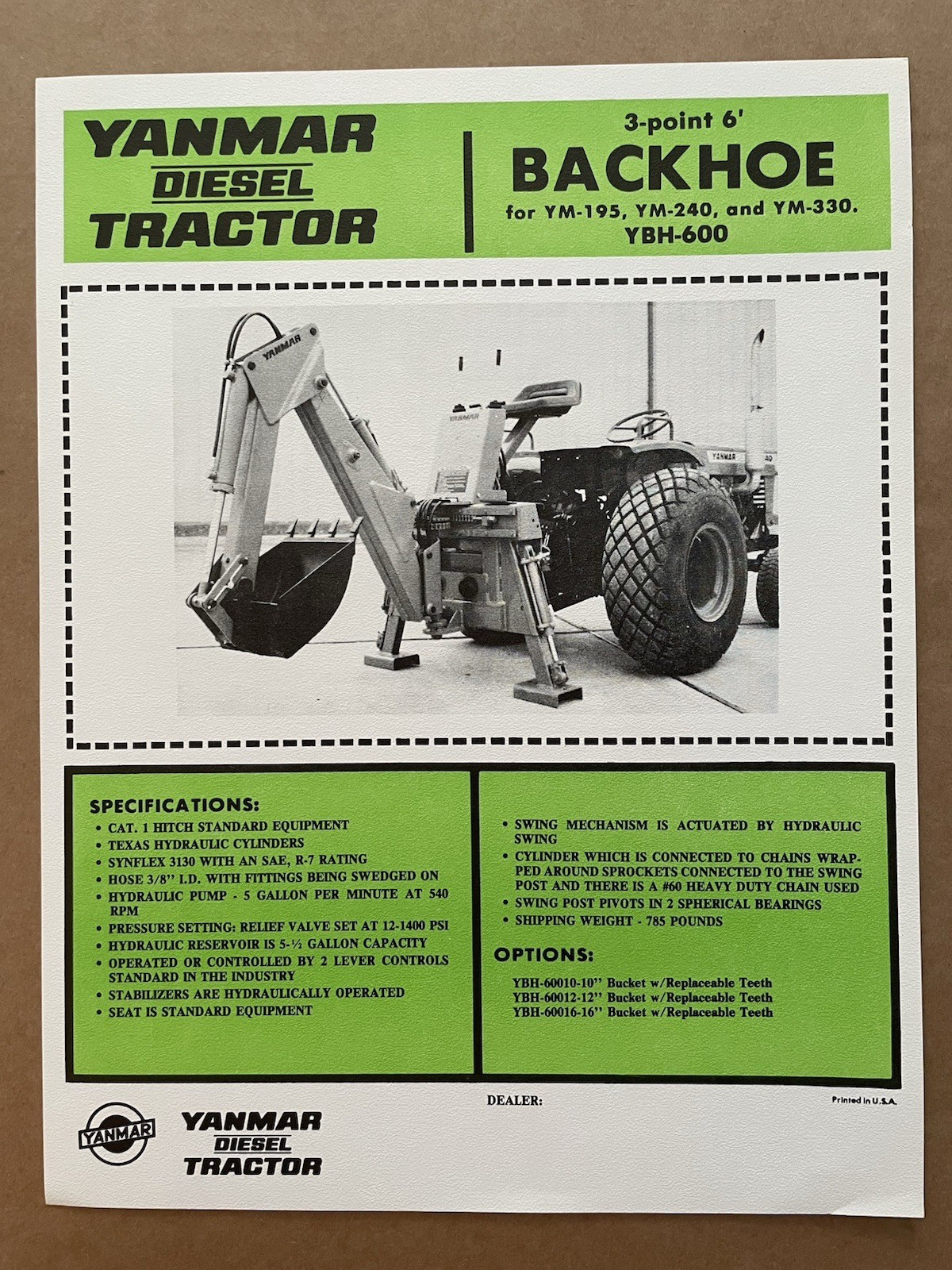 Vintage YANMAR DIESEL TRACTOR Cut-Out Brochure 3-point BACKHOE uncut #13