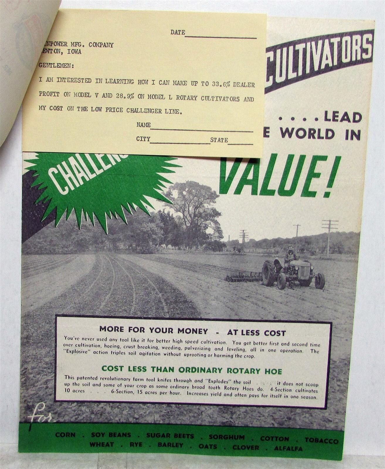 1955 WinPower Challenger Rotary Cultivator Specs Dealer Letter & Sales Brochure