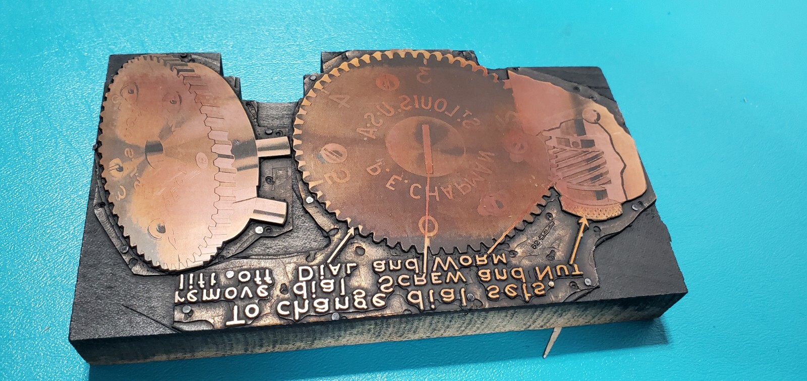 Vintage P.E. CHAPMAN Electric Gears Cogs St Louis Copper PRINTING PLATE Block