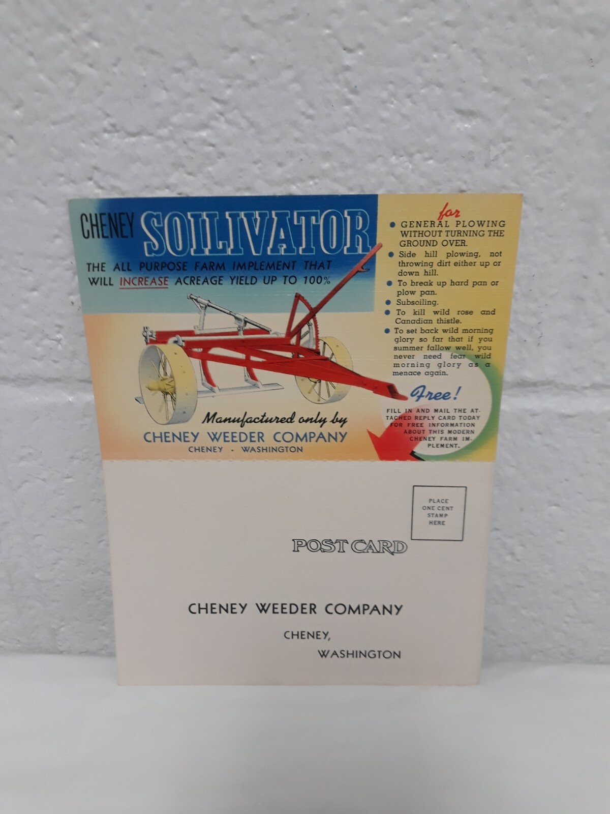 NOS Vintage Cheney Weeder Co. Soilivator farm implement double postcard, color