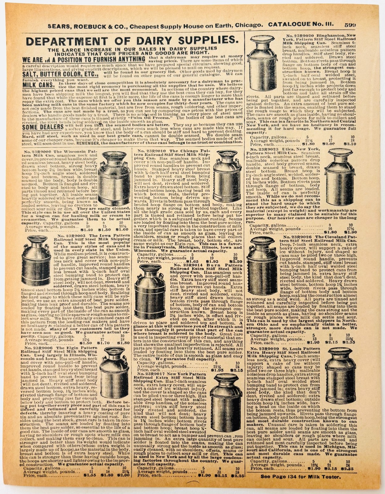 1901 Railroad Dairy Cans Reproduction Advertisement Sears Agricultural DWU17C