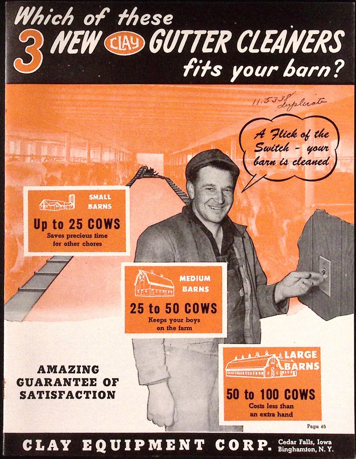 1950sClay Equipment Corp 3 New Gutter Cleaners for Barns Brochure Binghamton NY