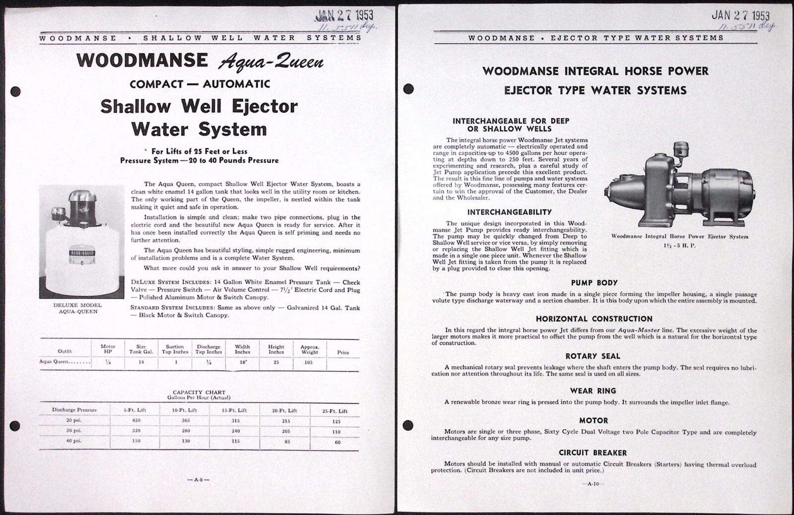 1953 Woodmanse Shallow and Deep Well Ejector Water Systems Brochure