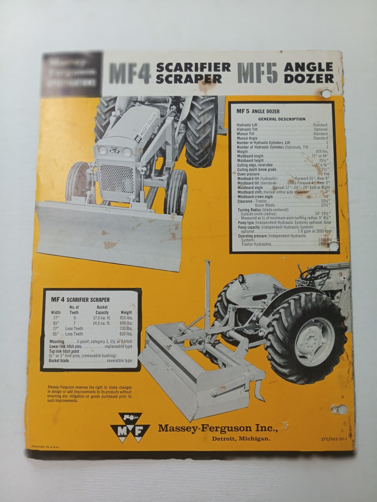 Vtg Massey Ferguson MF 4 Scraper, MF 5 Angle Dozer Dealer Brochure AD