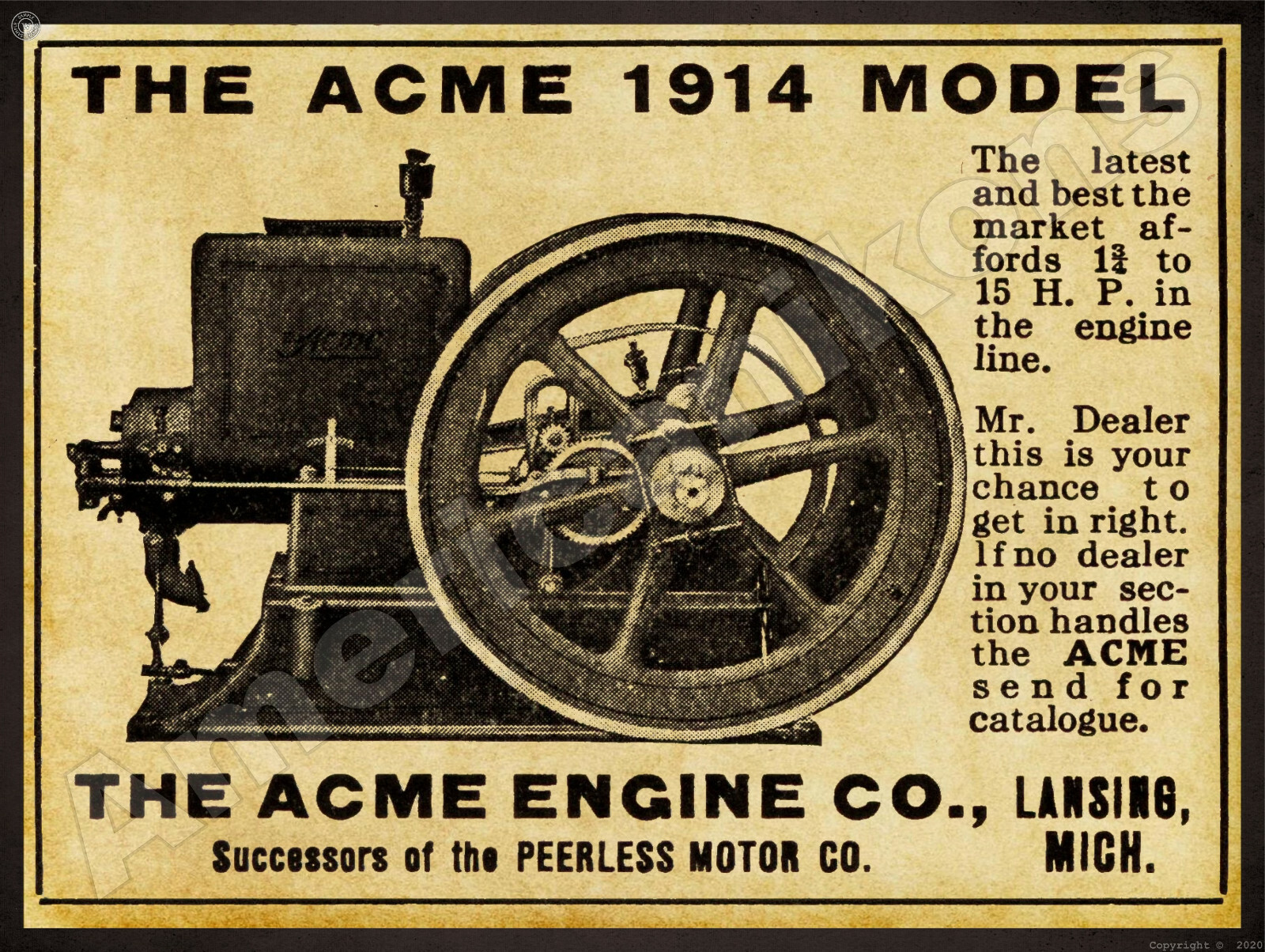 1914 ACME Engine Co. New Metal Sign: Successor to Peerless – Lansing, Michigan