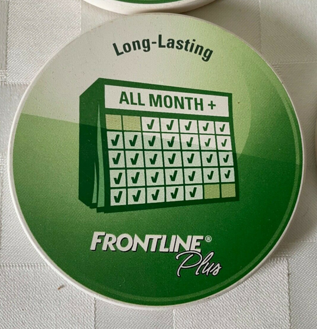 Frontline Plus Dog Flea Tick Promo Coasters Set of 4 Ceramic Cork Back 3.5” Vtg