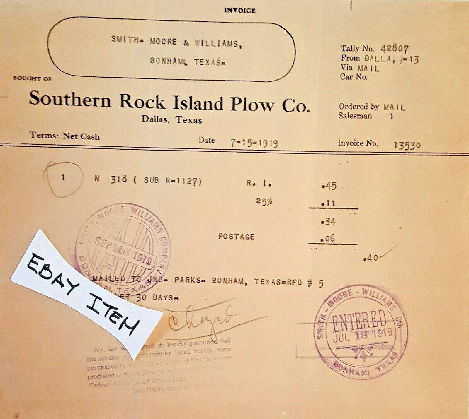 1919 DALLAS TEXAS SOUTHERN ROCK ISLAND PLOW COMPANY BILLHEAD