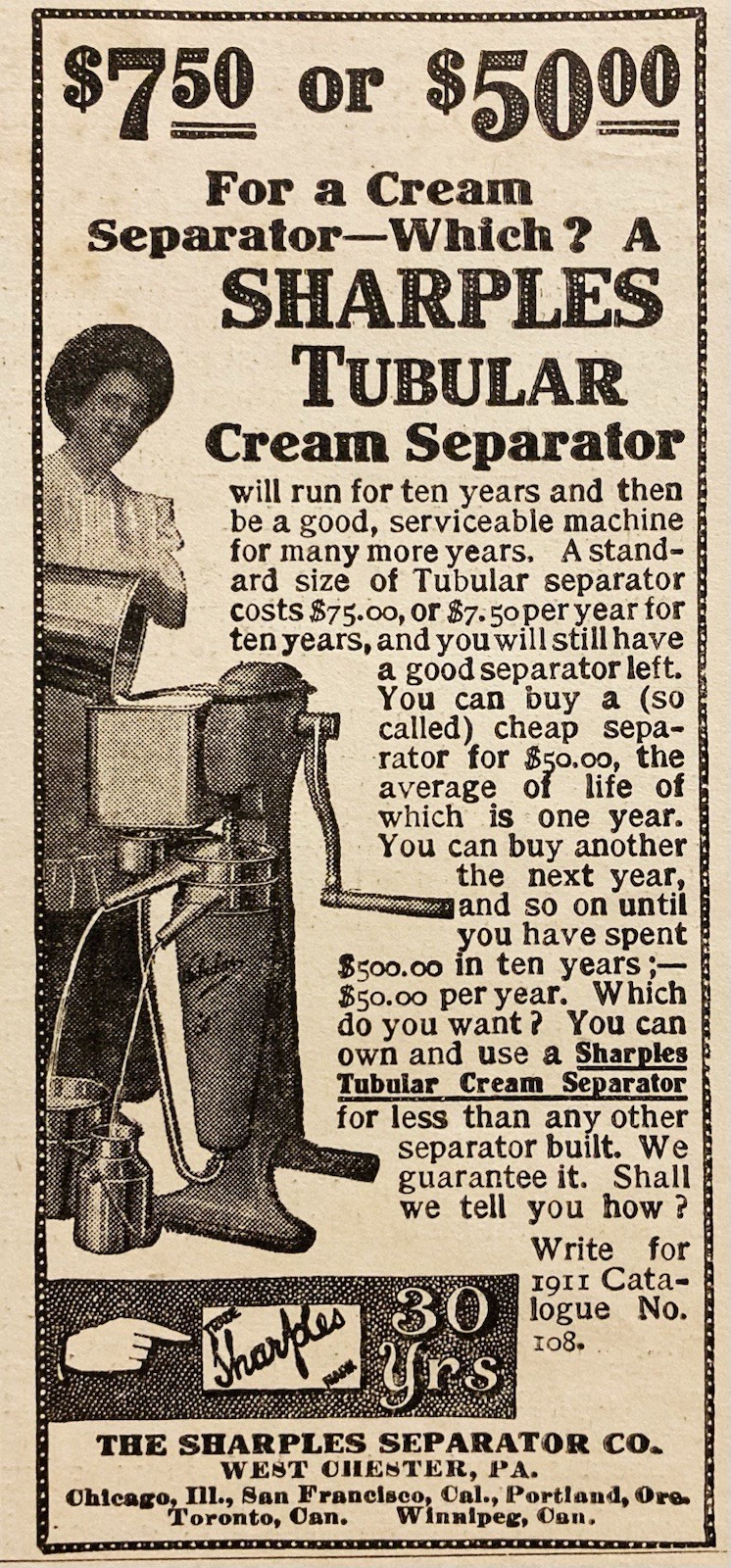1911 AD.(PC10)~SHARPLES SEPARATOR CO. WEST CHESTER, PA. CREAM SEPARATOR