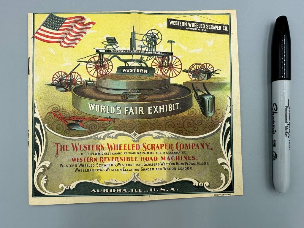1893 ROAD MACHINE Western Wheel Scraper WORLDS FAIR Catalog Trade Card AURORA IL