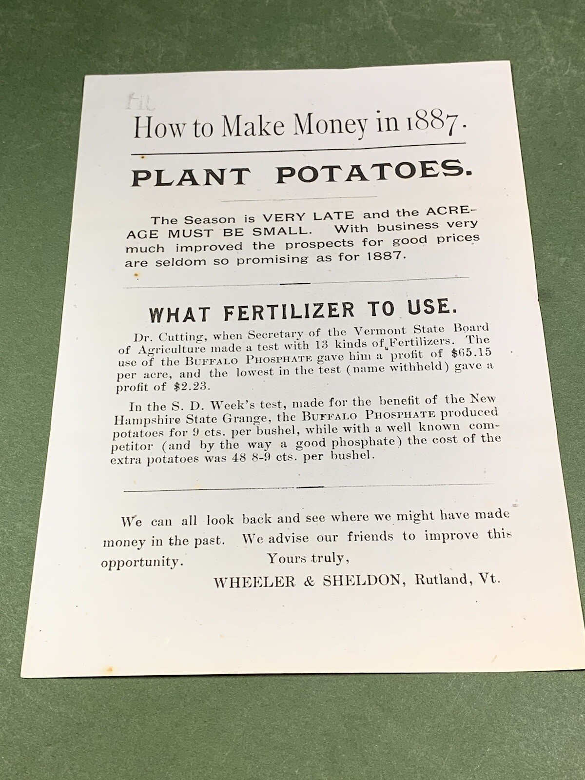 Wheeler & Sheldon Fertilizers Rutland Vermont 1887 Potato Farming Advertisement