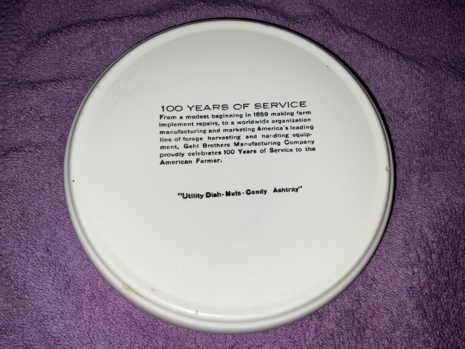 GEHL 59 ASHTRAY DISH CANDY NUT VINTAGE WHITE CERAMIC FARM SCENE Making Hay While