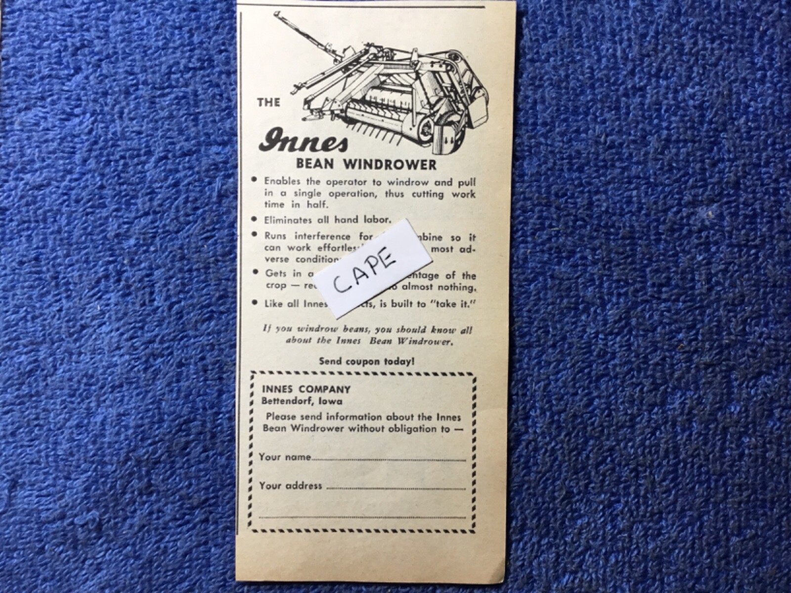 1959 Ad. 1959 Innes Bean Windrower. Innes Company. Bettendorf, Iowa
