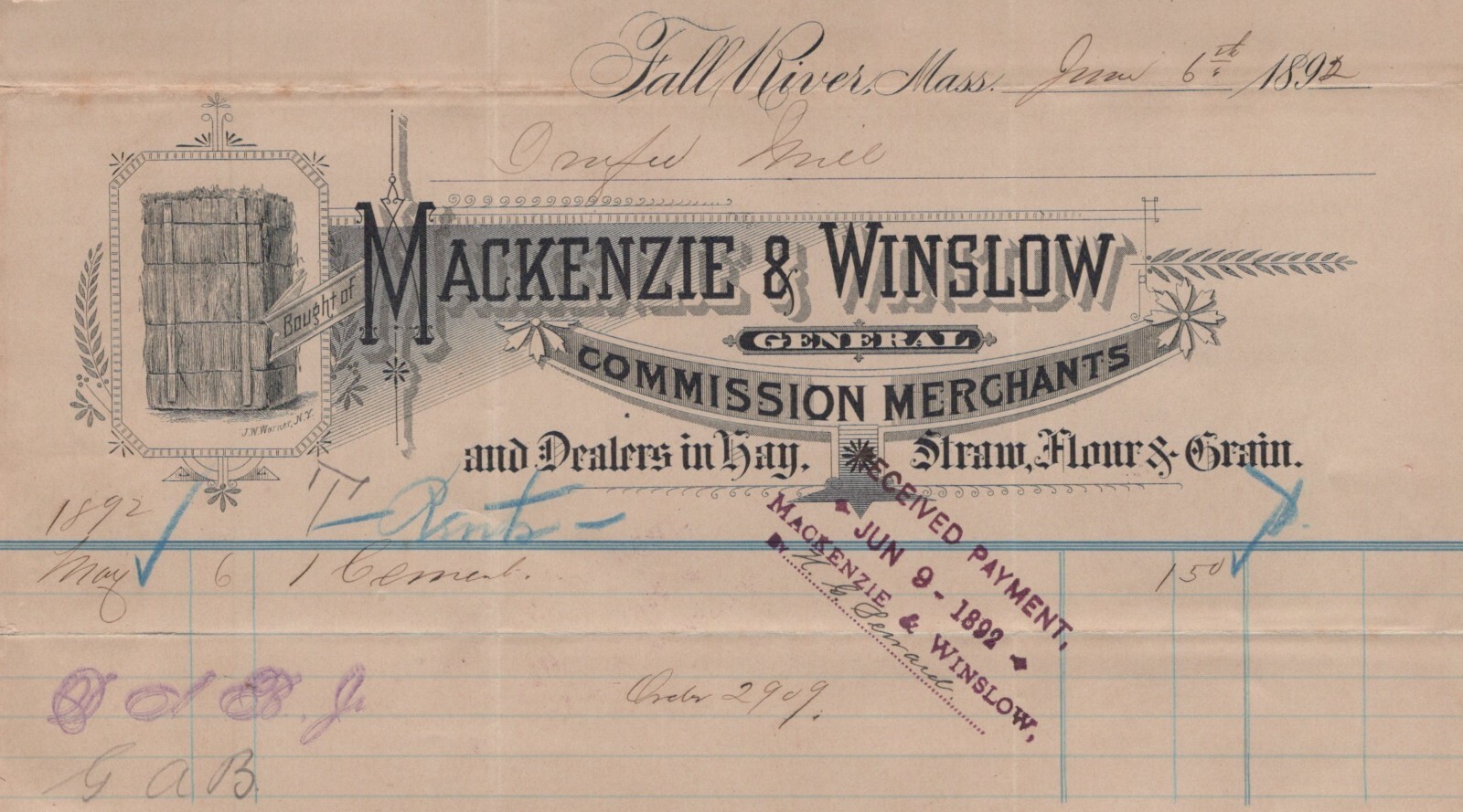 1892 Hay & Straw Dealer Mackenzie & Winslow Paper Delivery Receipt A11n