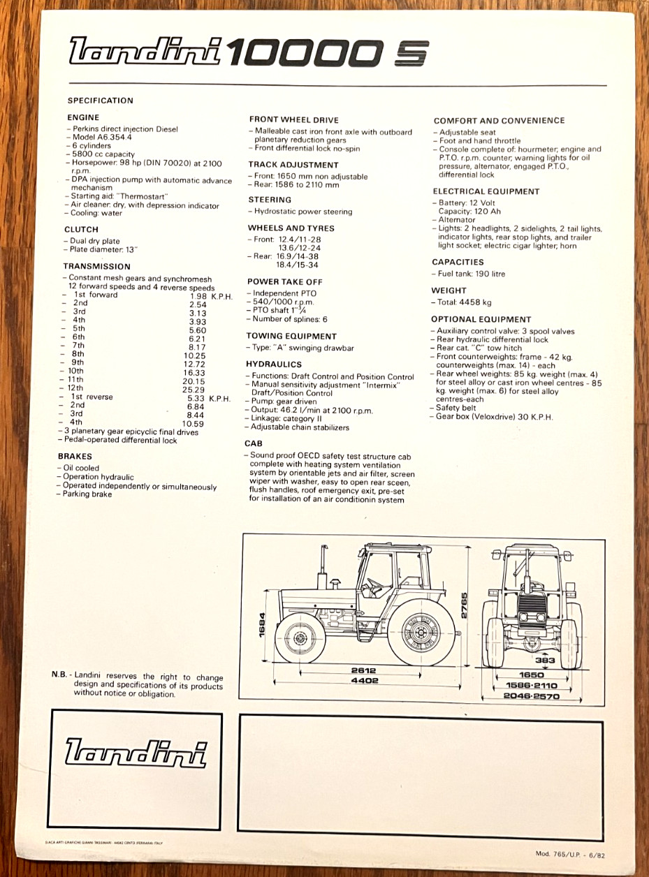 Landini 10000 S 4 Wheel Drive Tractor 1982 sales brochure