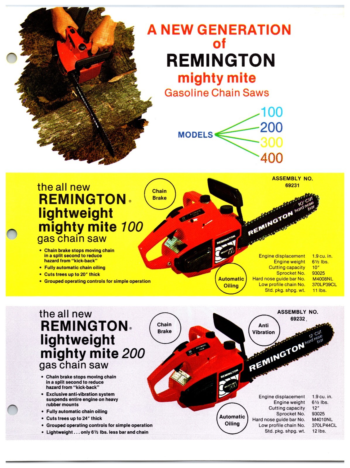 Original 1970s Remington Chainsaws Sales Info Sheet (Mighty Mite Gas Models)