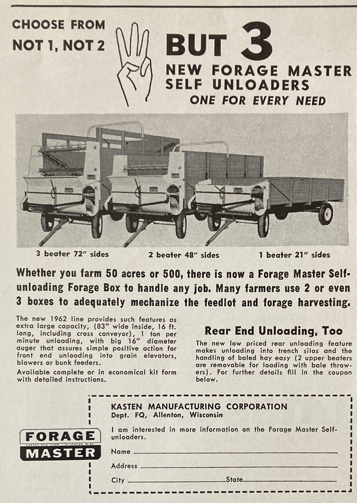 1962 AD.(XH20)~KASTEN MFG. CO. ALLENTON, WIS. FORAGE MASTER SELF UNLOADERS