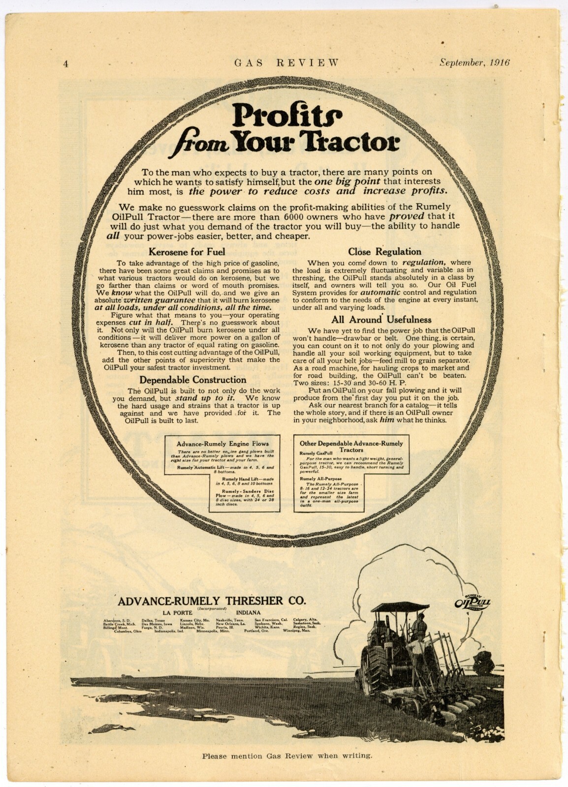 1916 Advance Rumely Thresher Co. Ad: Kerosene/Oil Pull Tractors – La Porte, IN