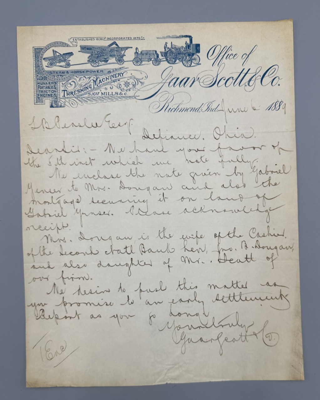1889 GAAR SCOTT Saw Mills THRESHING MACHINES Letter FARM Advertising RICHMOND IN