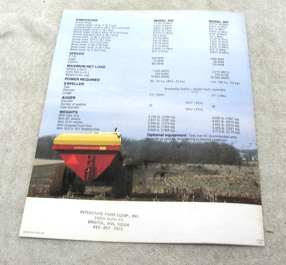 VINTAGE 1985 FORD NEW HOLLAND TRACTOR SPREADERS SLURRY BROCHURE 302 307