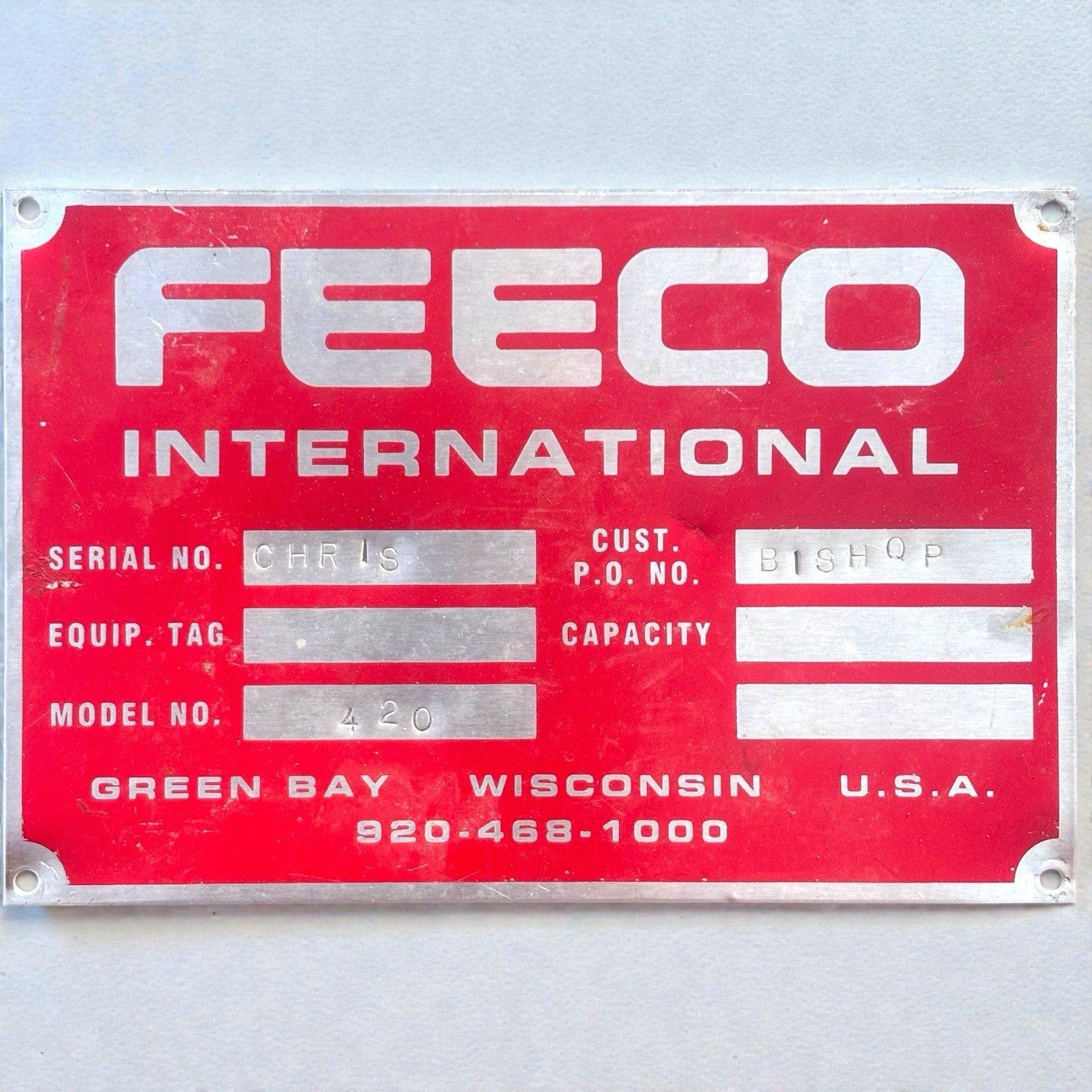 Vintage FEECO International Farm Plow Implement Model 420 Sign Plaque Plate
