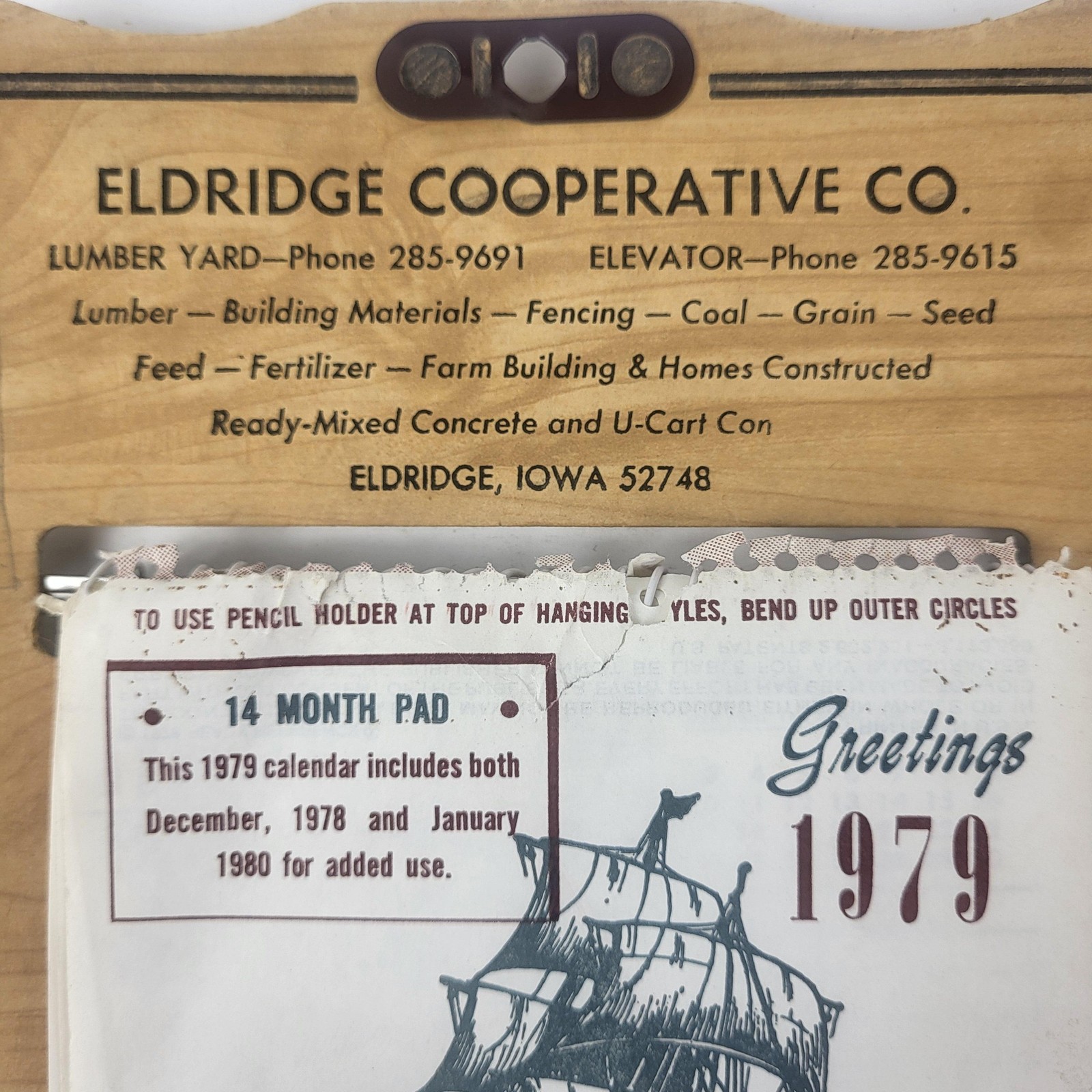 Vintage Eldridge Cooperative Co Brown Wall Calendar Sign 1979 Iowa Advertising