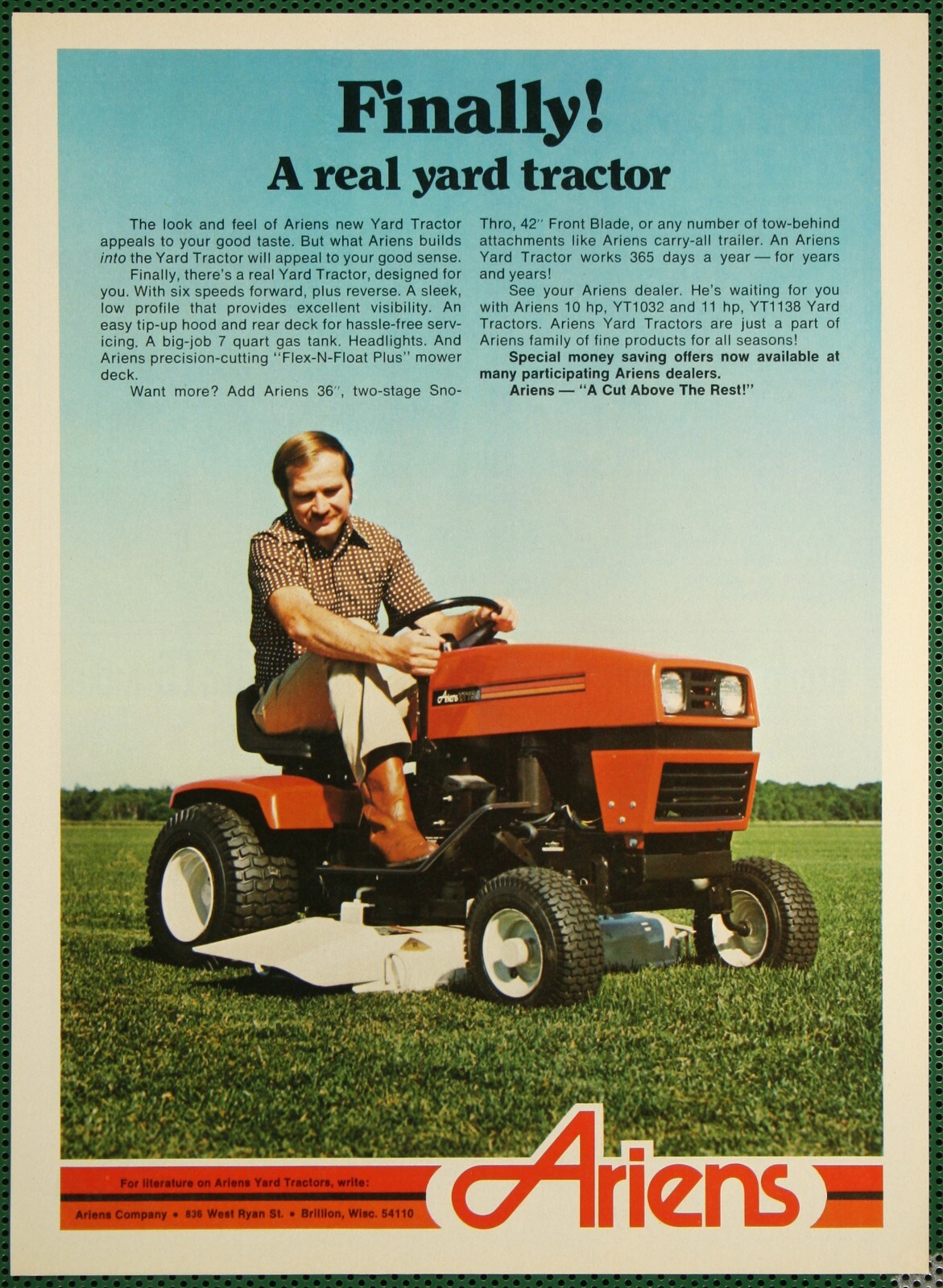 Ariens Yard Tractor YT1032 YT1138 Riding Mower Vintage Print Ad 1980