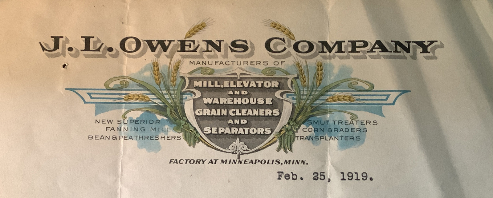 Letterhead Minneapolis MN 1919 J. L. Owens Co. Farm Farmer Mills Grain Feed