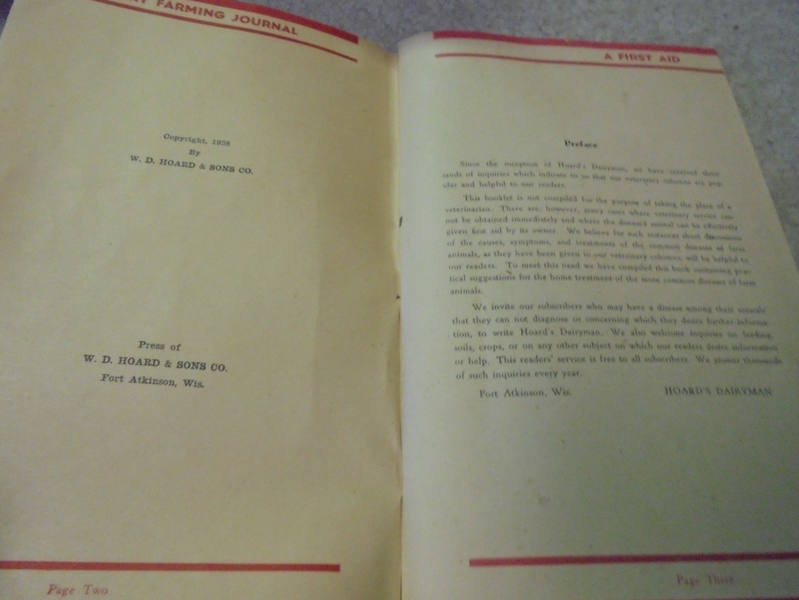 Vintage 1938 First Aid in Treating Common Ailments Animals by Hoard&rsquo;s Dairyman