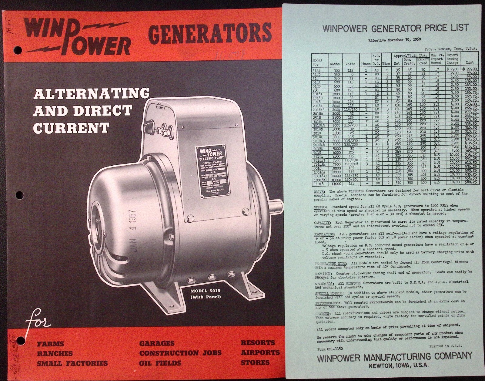 1950 WinPower Alternating & Direct Current Generators Brochure & Price List