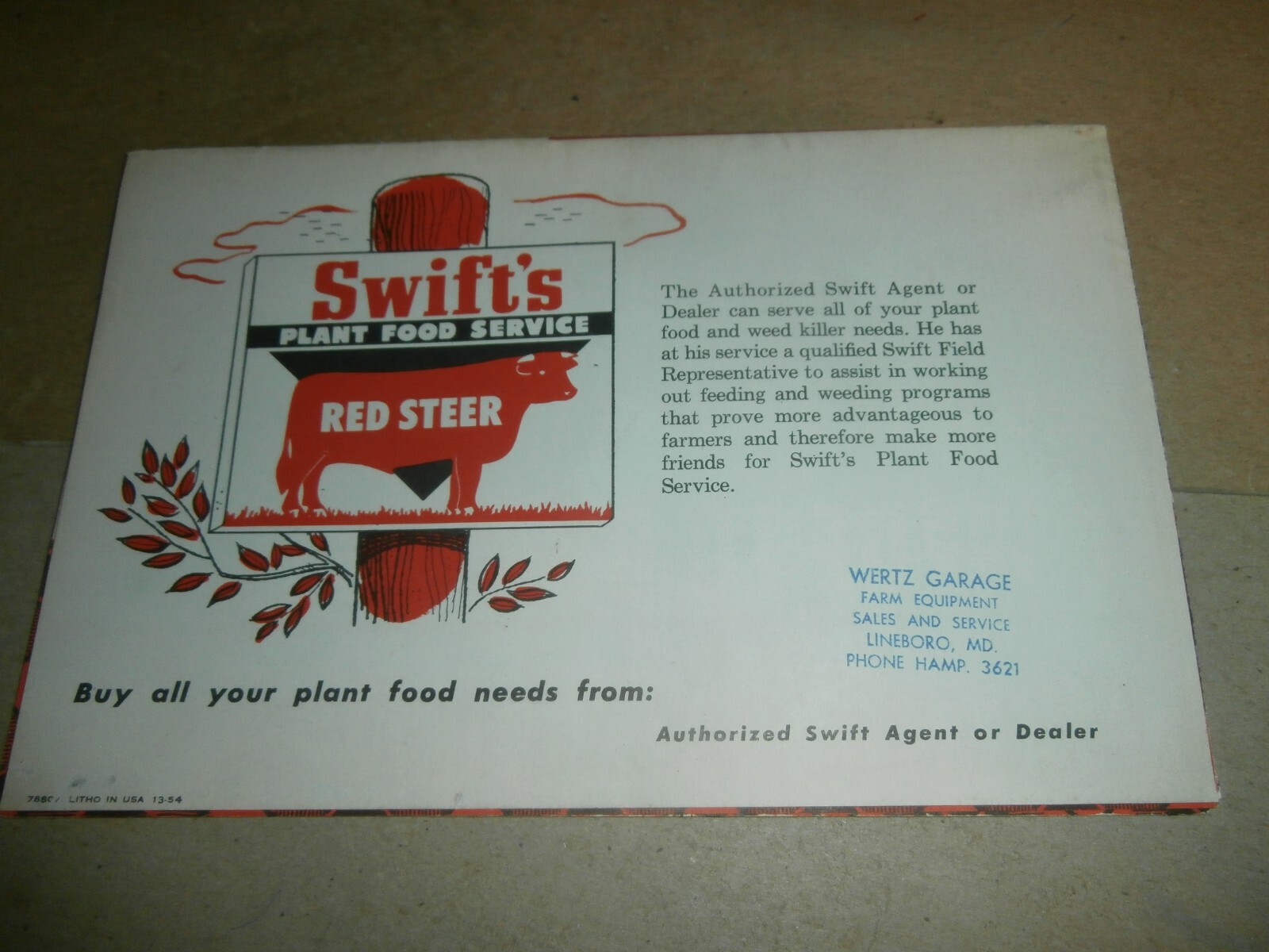 Original Swift&rsquo;s Red Steer Plant Food Farm Brochure Wertz Garage Lineboro MD
