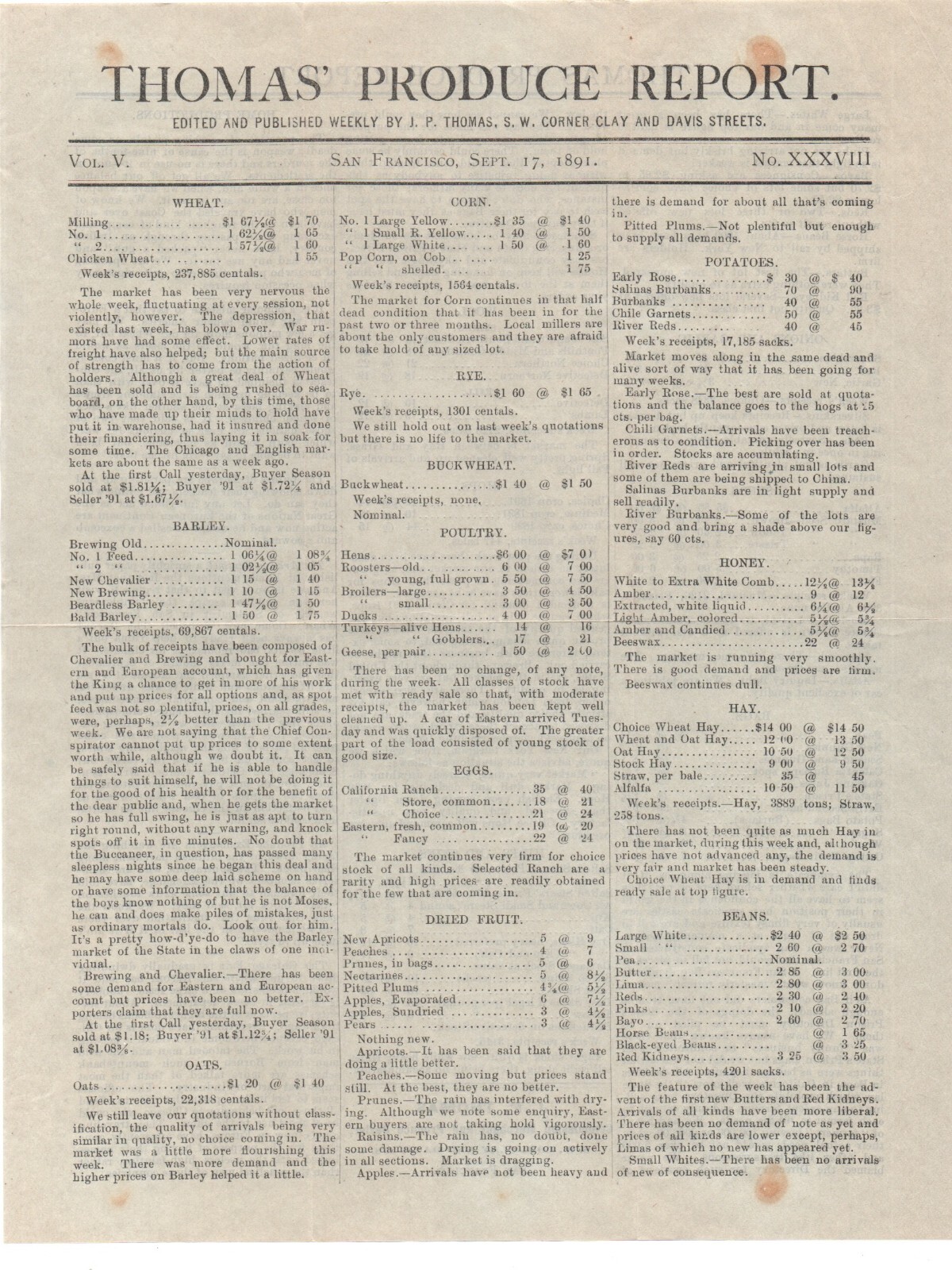 1891 Thomas&rsquo; Produce Report Flier from San Francisco CA