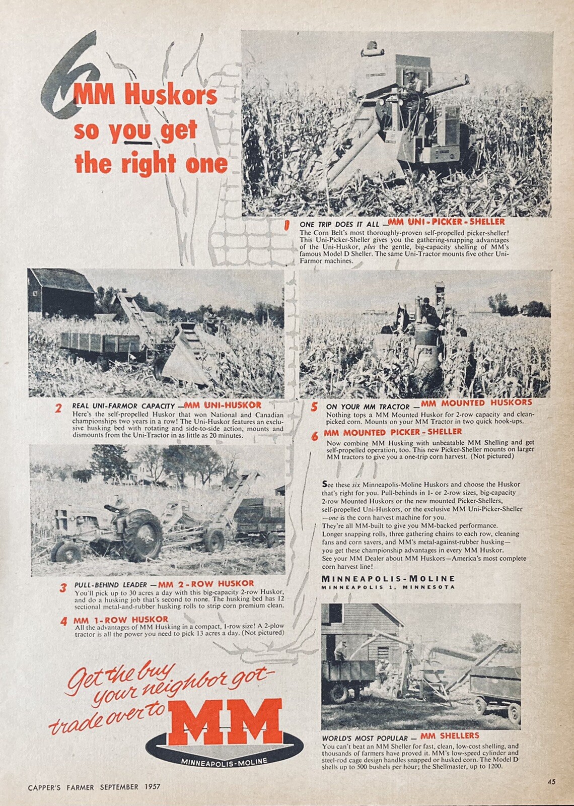 1957 AD(XH43)~MINNEAPOLIS-MOLINE VO. M-M HUSKERS, SHELLERS AND PICKERS