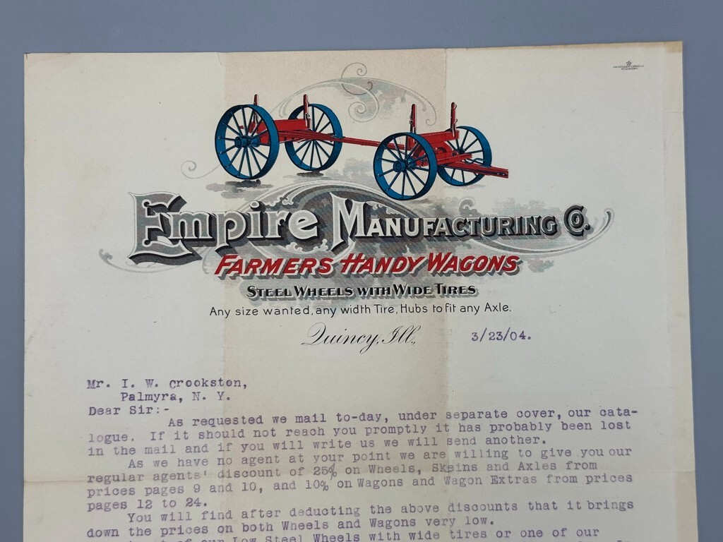 1904 EMPIRE FARM WAGONS Advertising ILLUSTRATED Postal Cover Antique QUINCY IL