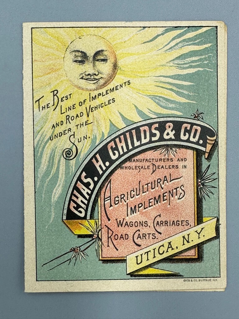 1880s CHILDS Agricultural Implement FARM Plow CARRIAGE Advertse Trade Card UTICA