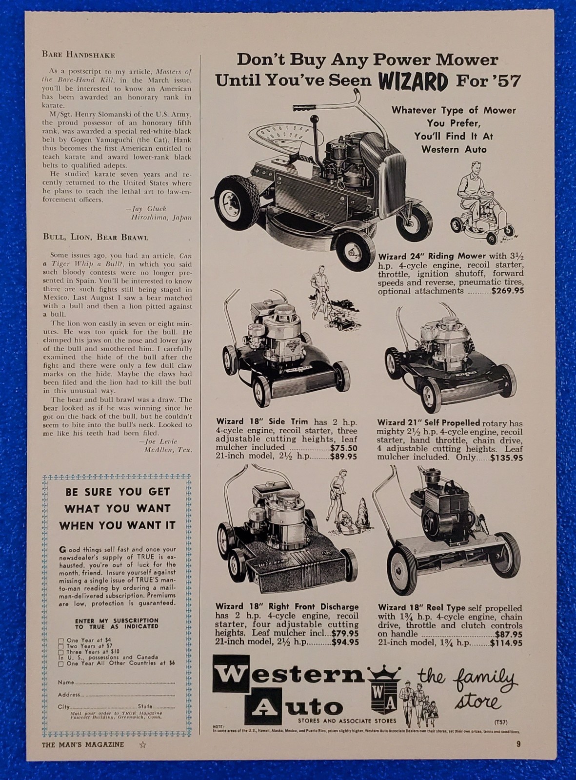1957 WESTERN AUTO « WIZARD » LAWN MOWER PRODUCT LINE UP ORIGINAL VINTAGE PRINT AD
