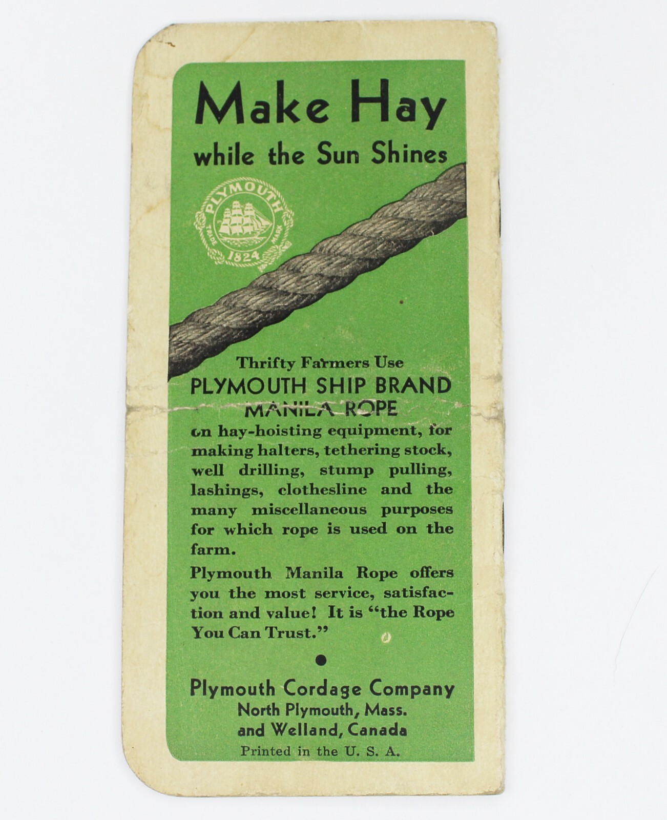 Vintage 1933 PLYMOUTH BINDER TWINE for Grain Harvest Data Notebook